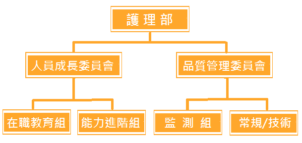 組織圖,第一層護理部,第二層人員成長委員會下方(第三層在職教育組,能力進階組).品質管理委員會(第三層在監測組,常規/技術)