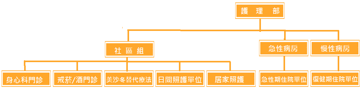 護理部社會組含(身心科門診.戒菸酒門診,美沙冬替代療法,日間照護單位,居家照護),急性病房(急性期住院單位),慢性病房(復健期住院單位)